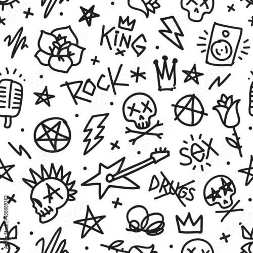 Rock n Roll doodle style seamless pattern with punk and tattoo elements. Endless fashion background isolated from black. Rock n Roll music pattern for Tee print design, print fabric texture