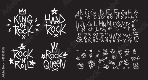 Set of Rock n roll doodle style symbols collection with hand written type font. Punk tattoo elements collection. Rock music signs for print stump tee and poster design photo