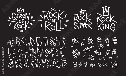 Set of Rock n roll doodle style pattern symbols collection with hand written type font. Rock music signs for print stump tee and poster design