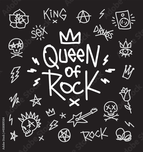 Queen of Rock'n'Roll vector doodle style icons vector set Rock music Creative lettering grunge style. Tattoo and Punk elements fashion print or poster design. Rock n Roll culture  print stamp t-shirt