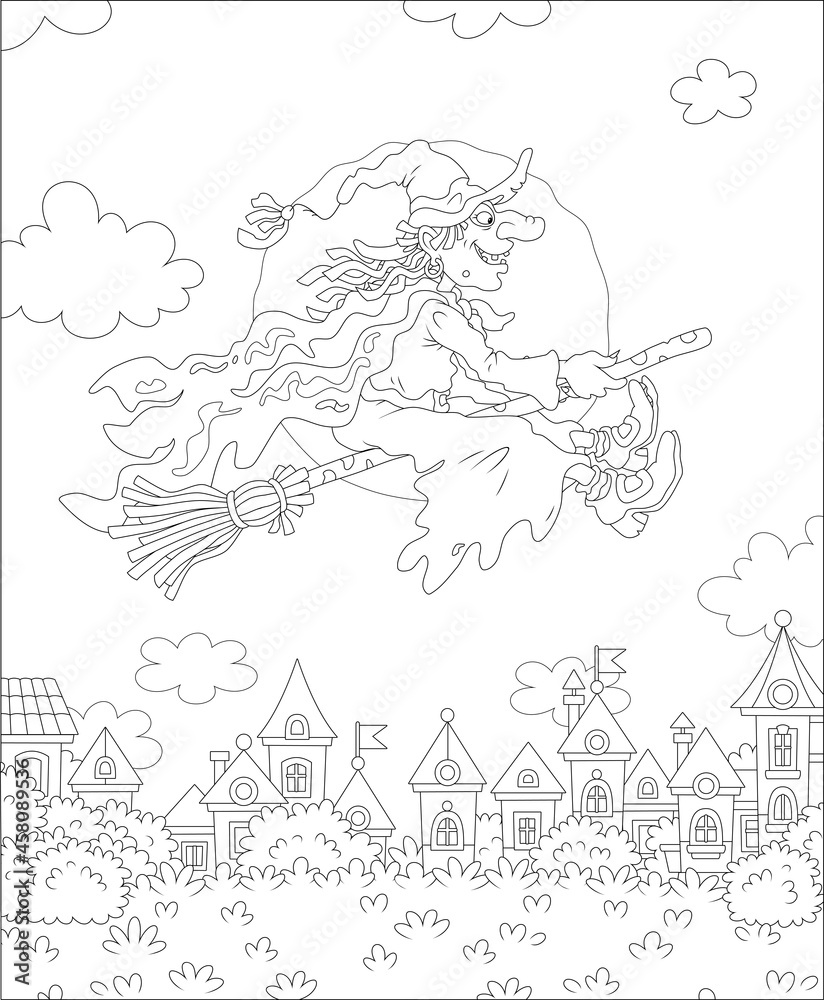 Ominous Halloween witch flying on her magic broom over a small town on a moonlit night, black and white outline vector cartoon illustration for a coloring book page