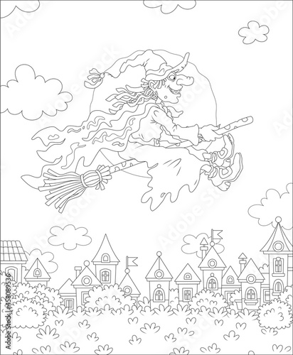 Ominous Halloween witch flying on her magic broom over a small town on a moonlit night, black and white outline vector cartoon illustration for a coloring book page