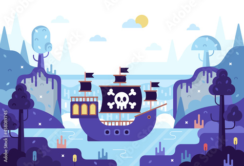 Canvastavla Ship with a pirate flag in the bay - vector cartoon illustration in flat stile