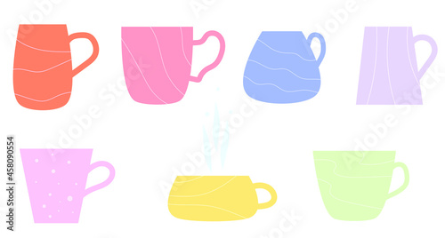 Mugs, cups of different shapes and colors.
