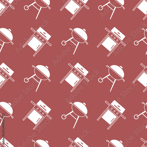 
BBQ, grill, barbecue seamless pattern. Charcoal kettle, gas and wood fired grills. Flat vector illustration. Background. Isolated. Cooking food, steak. Frying smoking meat.Grill store. Picnic outdoor