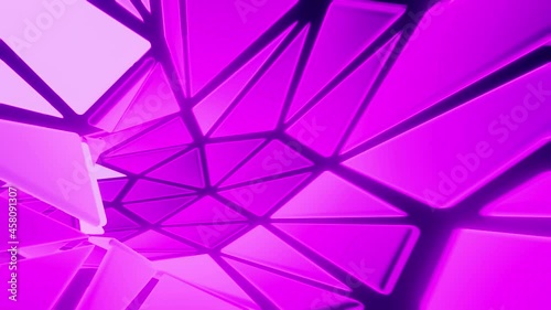 3d technology tunnel, infinite loop animation, pink neon triangles, retro background animation. Concept of information technology and cryptocurrencies in motion graphics.