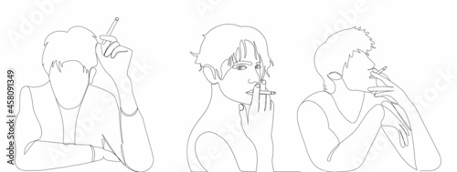 one continuous line drawing, sketch, men smoking
