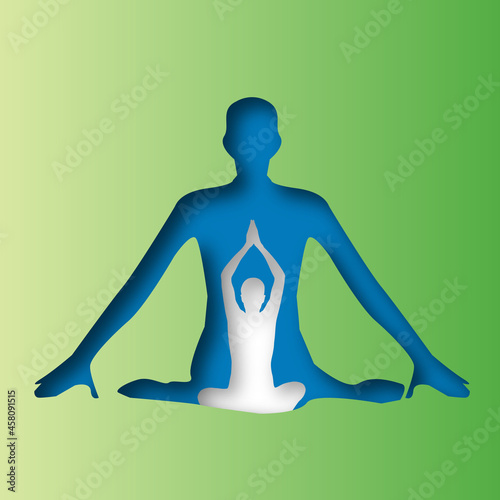 Yoga and meditation sun salutation position in layered paper cut out effect in green 