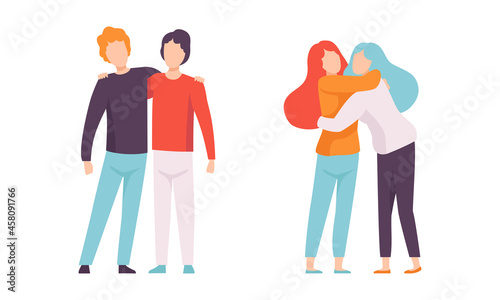 People Characters Embracing Each Other Soothing and Supporting Vector Illustration Set