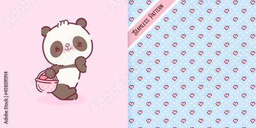Cute baby panda illustration and hearts seamless pattern