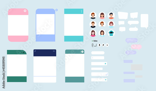 Chat bot dialoge windows creator pack. Ai robot chat online service set. Vector illustration of talk interface with chatbot robot, woman, man and customer avatar, message bubble, additional elements