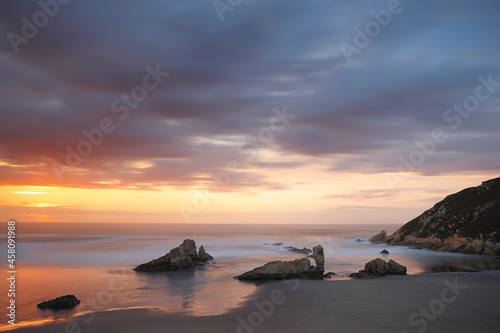 Photography of a long exposure in a sunset in the Playón de Bayas, Asturias, Spain