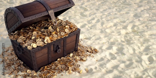 Fotografía Treasure chest full of coins open on the beach.