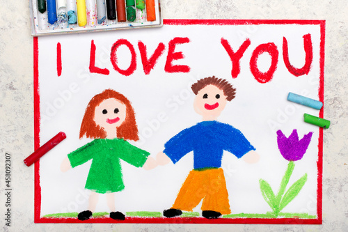 Colorful drawing: couple in love and inscription I LOVE YOU. Happy relationship..