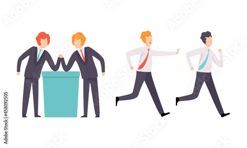 Business and Career Competition with Man Office Worker Having Rivalry Arm Wrestling and Chasing Aim Vector Set