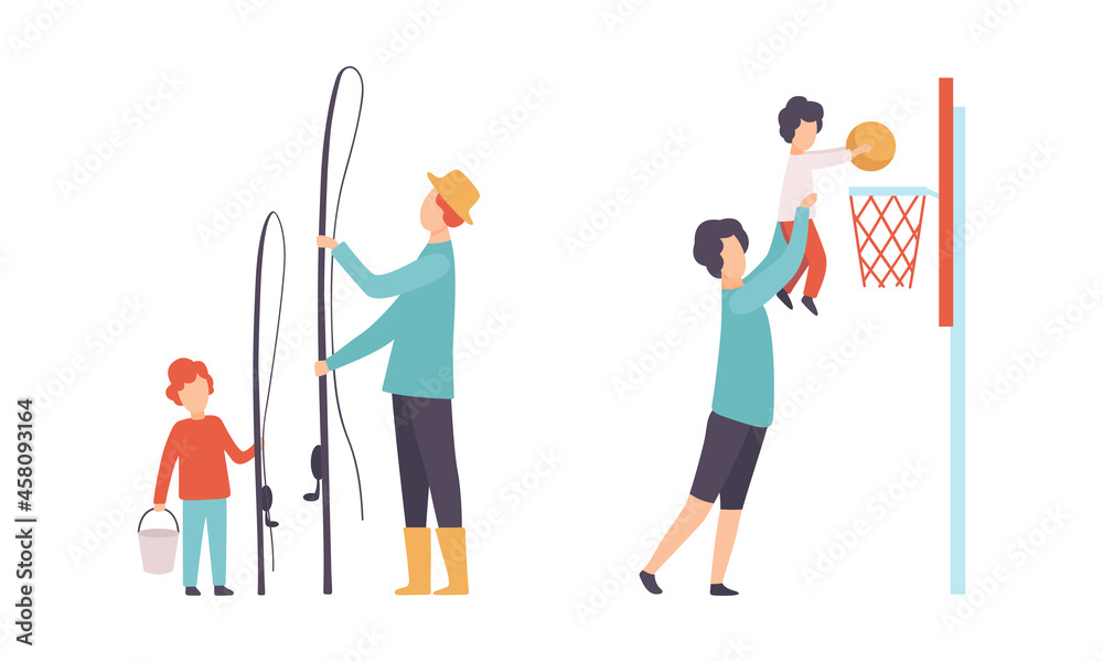 Man Parent and His Son Spending Good Time Together Playing Basketball and Fishing Vector Set