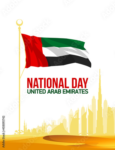 50 UAE National day flat paper style banner with UAE flag. Holiday card for 2 december 1971 - 2021, 50 National day United Arab Emirates Spirit of the union. Design with Dubai and Abu Dhabi silhouette