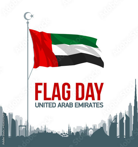 50 UAE National day flat paper style banner with UAE flag. Holiday card for 2 december 1971 - 2021, 50 National day United Arab Emirates Spirit of the union. Design with Dubai and Abu Dhabi silhouette