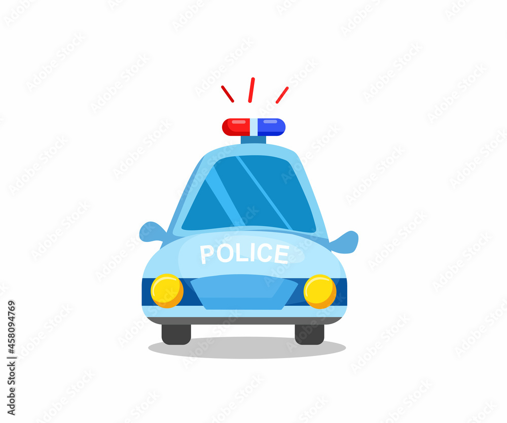 Police car, front view. Police transport. Vector illustration in cartoon style. Police car, front view. Police transport. Vector illustration in cartoon style.