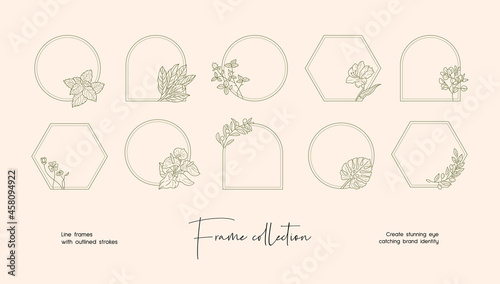 Line art illustration collection of decorative vector frames and wreaths for branding or logo 