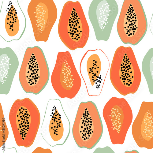 Contemporary abstract minimalistic seamless pattern with a fun bright papaya. Vegetarian, kitchen decoration, fabric, textiles. A healthy tropical exotic fruit. Vector graphics.