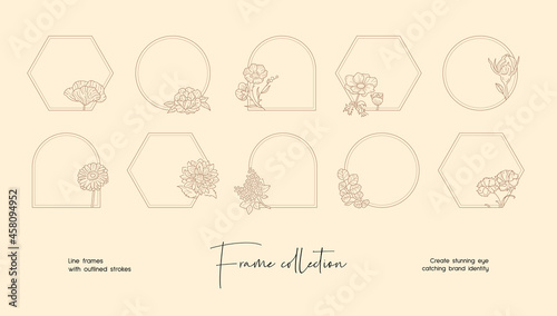 Line art illustration collection of decorative vector frames and wreaths for branding or logo 