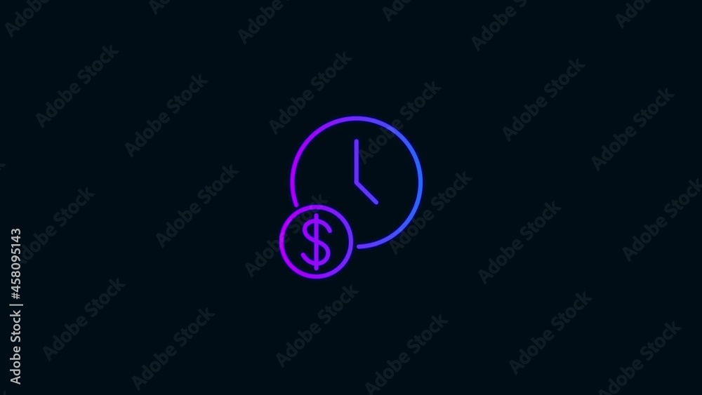 time dollar line icon animation.Glowing neon line icon with gradient color. black background time dollar line icon animation.Glowing neon line icon with gradient color. black background
