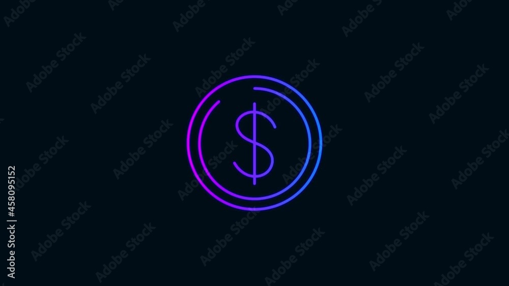 dollar coin icon animation.Glowing neon line icon with gradient color. black background dollar coin icon animation.Glowing neon line icon with gradient color. black background