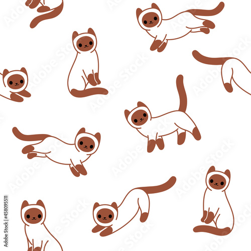 Seamless trendy pattern with style cartoon Siamese cat.