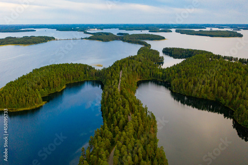 Aerial view of islands, lake and forest in Punkaharju, Finland photo