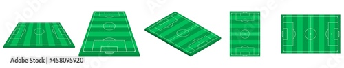 Football fields set. Isometric, perspective, side, top view. Green grass soccer field. Template design for presentation, tactical schemes, infographics, banners. Vector illustration