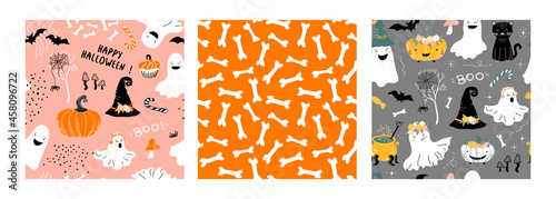 Set of 3 Halloween vector patterns. Cute ghosts, bats and witch's hat, spider web, candy, pumpkins, bones and mushrooms. October holiday. Baby print.