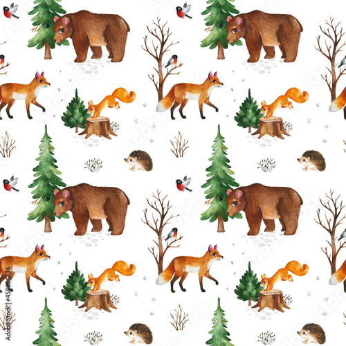 Cute Woodland collection.Watercolor seamless pattern with funny forest animals-bear,hedgehog,fox,squirrel,bullfinch and trees. Perfect for prints,wallpapers,room decor,Christmas design,books,textile.