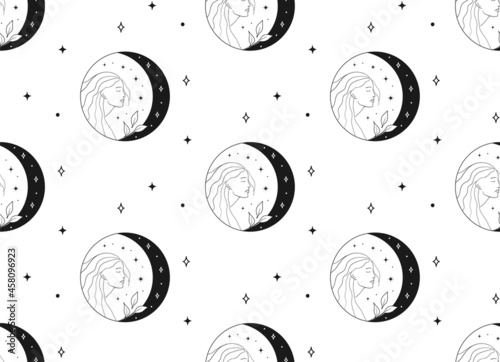 Canvastavla Abstract Background Seamless Pattern Girl And Moon