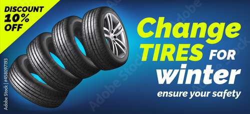 Car tires shop banner with discount offer, blue background. Brochure template with automobile wheels sale ad, vector illustration