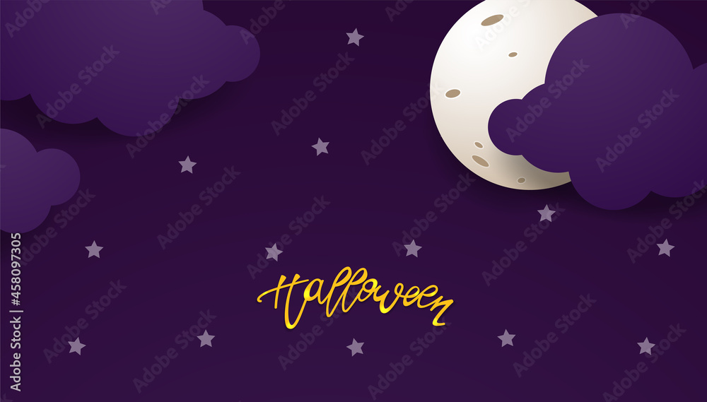 Fototapeta premium Halloween. Vector design template with copy space. Calligraphy inscription Halloween with clouds and moon on purple starry backdrop