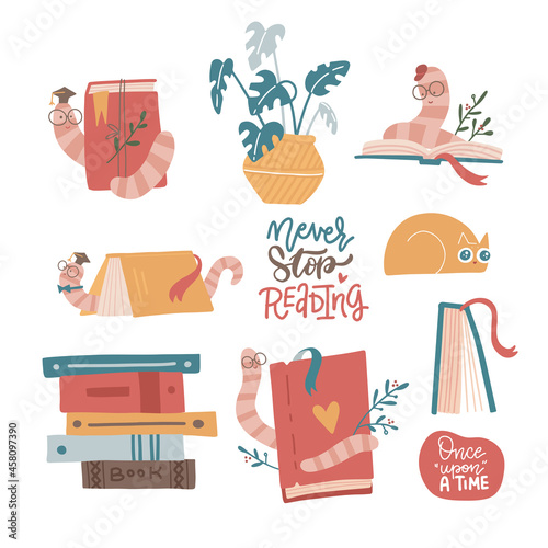 never stop reading collection. Set of various books and pile of books with bookworm in glasses. Hand drawn educational vector illustrations with lettering quote. Flat hand drawn design. photo