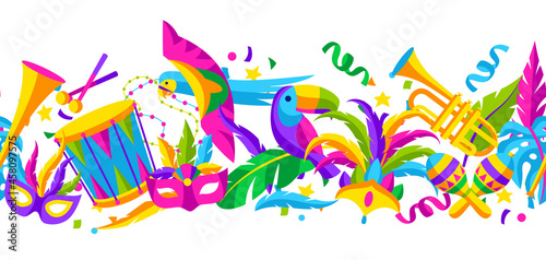 Carnival party seamless pattern with celebration icons, objects and decor. Mardi Gras background for traditional holiday.