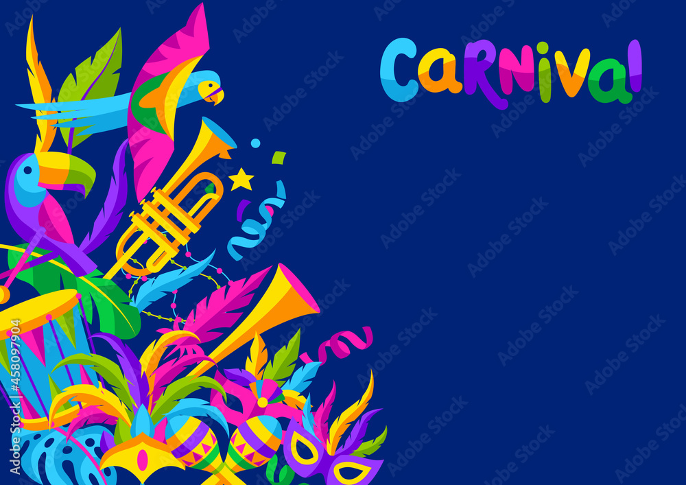 Carnival party background with celebration icons, objects and decor. Mardi Gras illustration for traditional holiday.