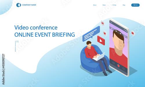 Isometric video conference. Online meeting work form home. Home office. Multiethnic business team.