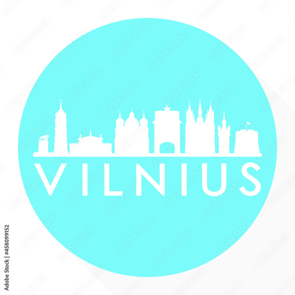 Vilnius, Lithuania Round Button City Skyline Design. Silhouette Stamp Vector Travel Tourism.
