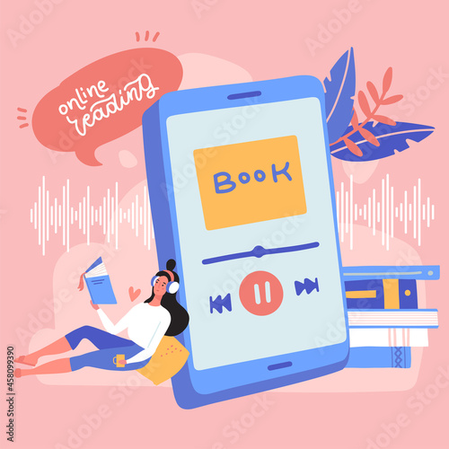 Woman listening to an audiobook with headphones. Audiobooks concept. Online book mobile application for smartphone screen, distance education e-learning. Flat vector illustration.