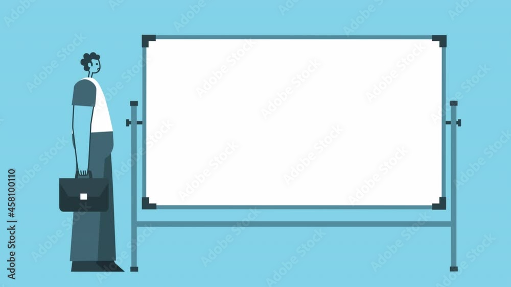 Flat Man with Briefcase Talking Near White Board. Flat Design 2d Character Isolated Loop Animation with Alpha Matte