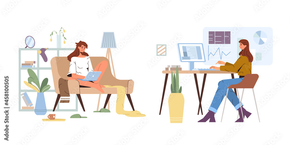 Working from home vs office. Flat official worker at computer in workplace and unofficial woman on sofa in living room. Remote online work on freelance versus office jobs. Employee against freelancer.