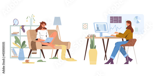 Working from home vs office. Flat official worker at computer in workplace and unofficial woman on sofa in living room. Remote online work on freelance versus office jobs. Employee against freelancer. photo