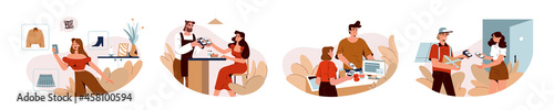 People use phone for scan and pay with qr code. Buyers paying by mobile app on smartphone via pos terminal in cafe, restaurant or shop. Cashless and contactless payment system vector flat illustration