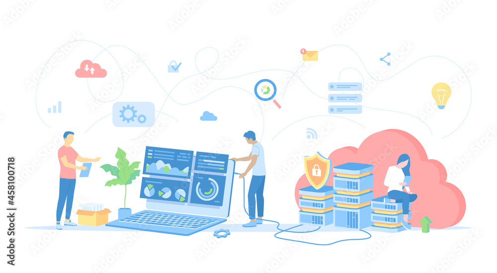 Web Hosting, Data Security, Сloud computing storage, Information processing, Database, Network connection. Hosting servers, computer, clouds. Vector illustration flat style.