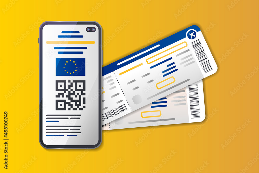 EU Digital COVID Certificate color flat element on a yellow background. EU Digital COVID Certificate color flat element on a yellow background.