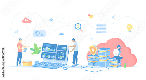 Web Hosting, Data Security, Сloud computing storage, Information processing, Database, Network connection. Hosting servers, computer, clouds. Vector illustration flat style.