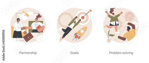Cooperation and teamwork abstract concept vector illustration set. Partnership and goals, problem solving, business partner, strategic planning, decision making and mission setting abstract metaphor.